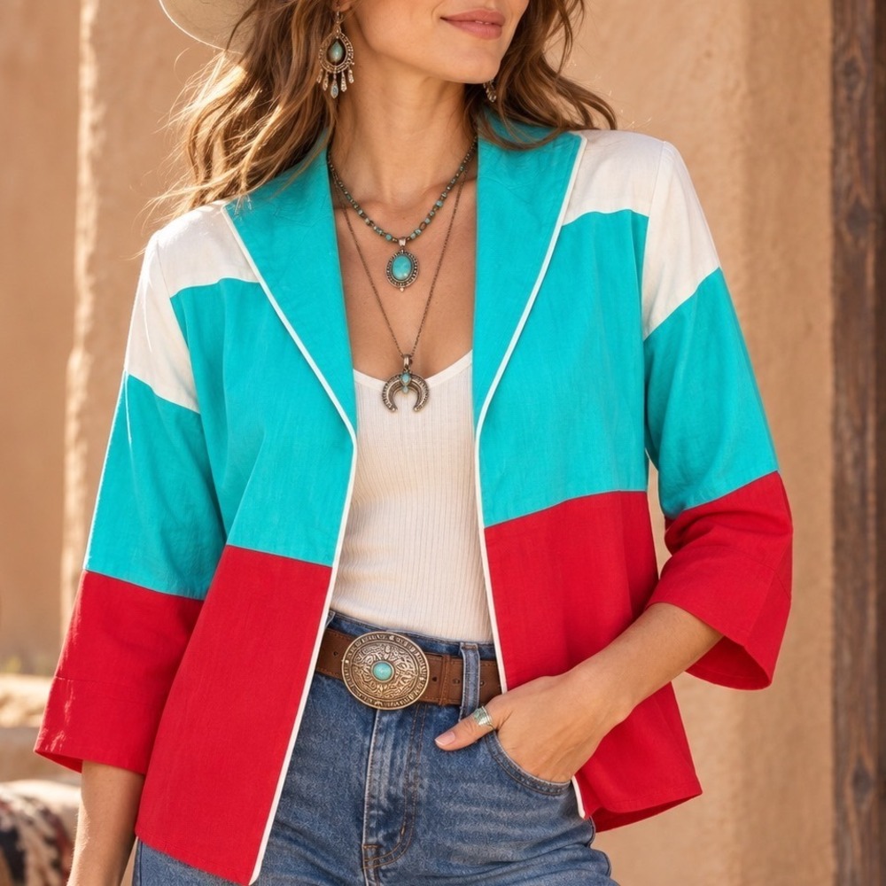 Vintage 90s Western Colorblock Jacket Turquoise Red Ranch Boho Americana New